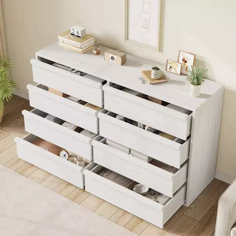 Commode 8 tiroirs Garvee pour chambre à coucher, commode double blanche de 54 pouces avec poignée concave, commode moderne pour chambre à coucher, salon, chambre de bébé