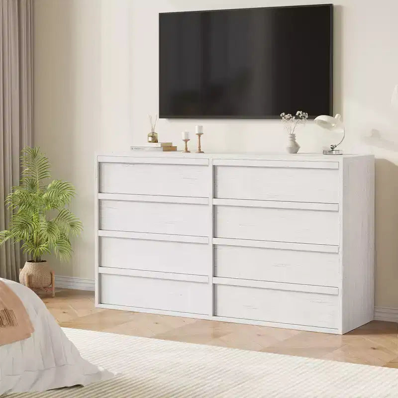 Commode 8 tiroirs Garvee pour chambre à coucher, commode double blanche de 54 pouces avec poignée concave, commode moderne pour chambre à coucher, salon, chambre de bébé
