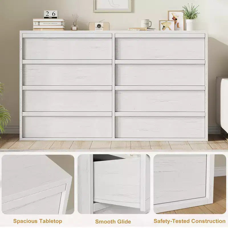 Commode 8 tiroirs Garvee pour chambre à coucher, commode double blanche de 54 pouces avec poignée concave, commode moderne pour chambre à coucher, salon, chambre de bébé