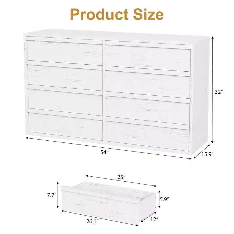 Commode 8 tiroirs Garvee pour chambre à coucher, commode double blanche de 54 pouces avec poignée concave, commode moderne pour chambre à coucher, salon, chambre de bébé