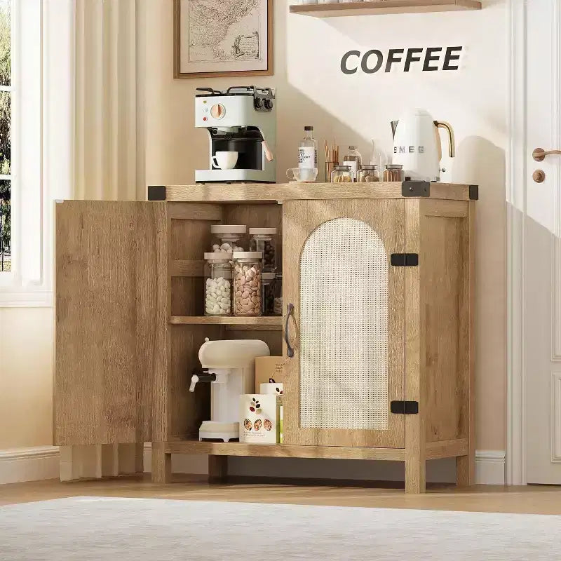 Rattan Sideboard Buffet Cabinet with Two-Door, Modern Storage Cabinet, for Kitchen, Dining Room, and Living Room