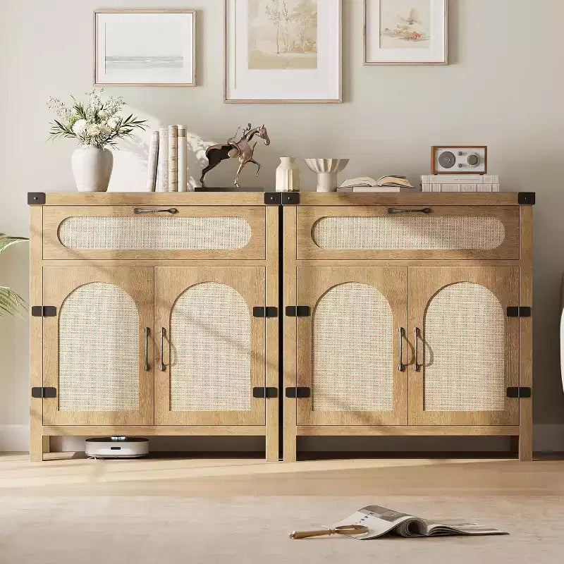 Buffet en rotin à deux portes, Meuble de rangement moderne, pour Cuisine, Salle à manger et Salon