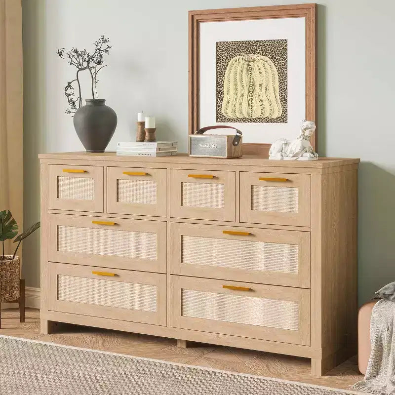 8 Drawer Rattan Chest, Wood Boho Modern, Storage Organizer for Closet, for Bedroom, Closet, Living Room