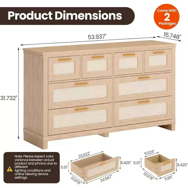 Commode 8 tiroirs en rotin, Bois style Bohème Moderne, Organisateur de rangement pour armoire, pour Chambre, Placard, Salon
