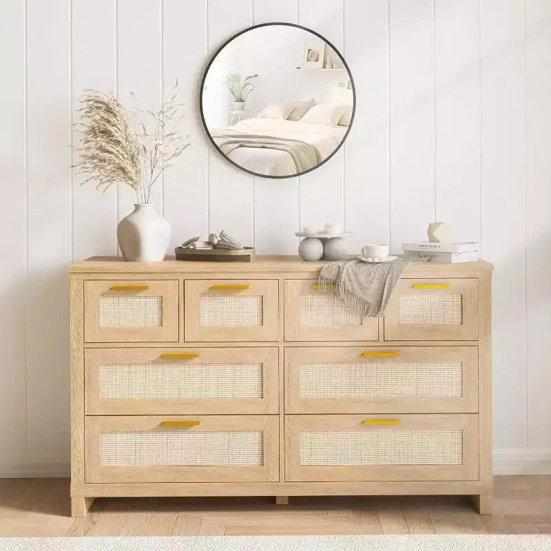 Commode 8 tiroirs en rotin, Bois style Bohème Moderne, Organisateur de rangement pour armoire, pour Chambre, Placard, Salon