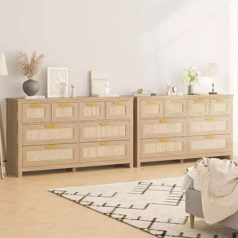 Commode 8 tiroirs en rotin, Bois style Bohème Moderne, Organisateur de rangement pour armoire, pour Chambre, Placard, Salon