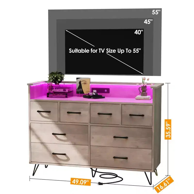 Commode de chambre avec lumière LED, station de charge, 8 tiroirs, espace ouvert, commode moderne et large pour salon, entrée, couloir