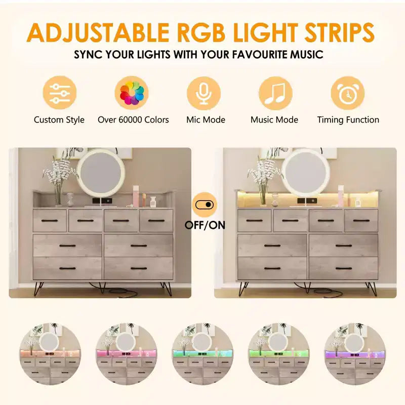 Commode de chambre avec lumière LED, station de charge, 8 tiroirs, espace ouvert, commode moderne et large pour salon, entrée, couloir