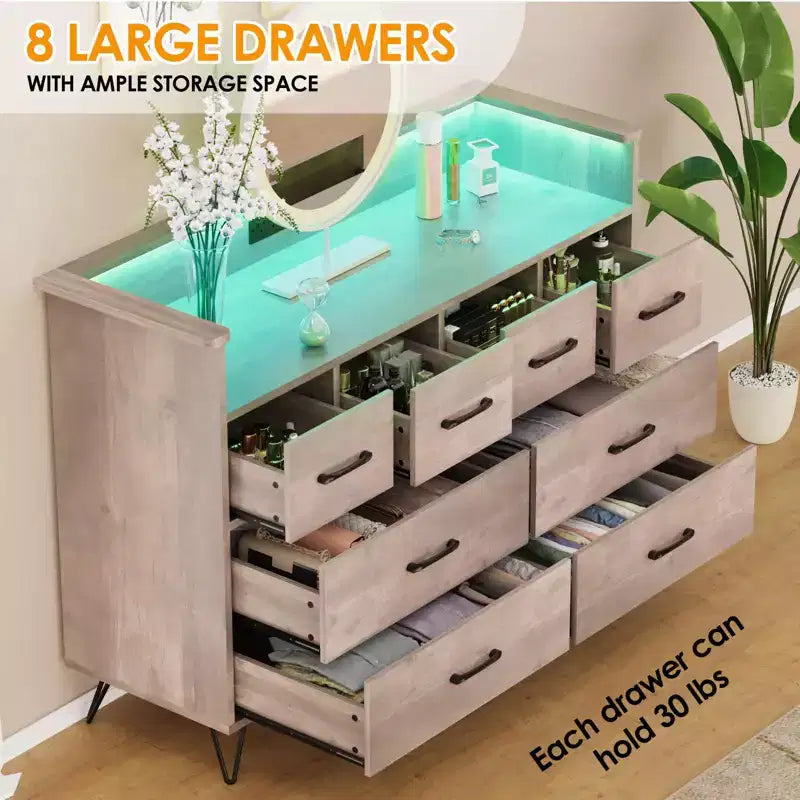 Commode de chambre avec lumière LED, station de charge, 8 tiroirs, espace ouvert, commode moderne et large pour salon, entrée, couloir