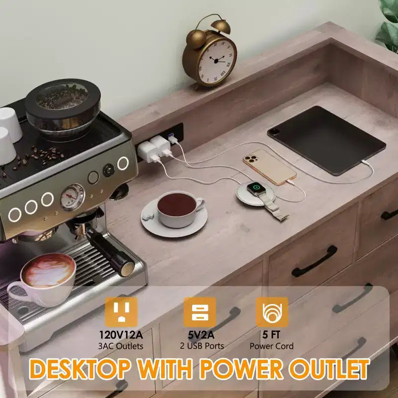 Commode de chambre avec lumière LED, station de charge, 8 tiroirs, espace ouvert, commode moderne et large pour salon, entrée, couloir