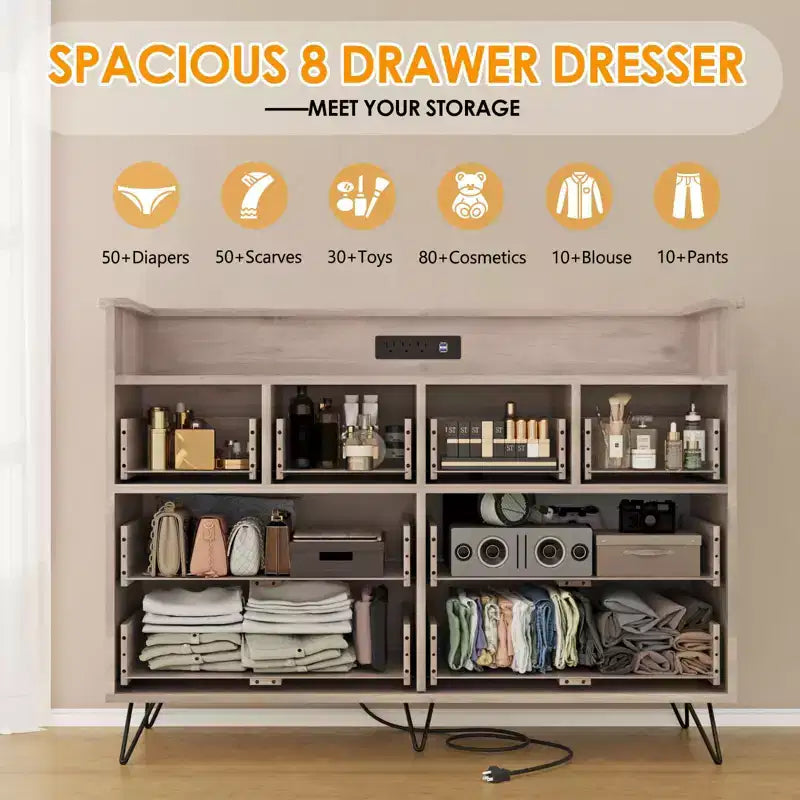 Commode de chambre avec lumière LED, station de charge, 8 tiroirs, espace ouvert, commode moderne et large pour salon, entrée, couloir