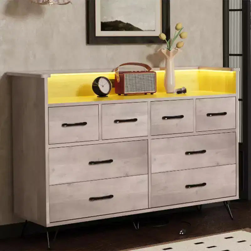 Commode de chambre avec lumière LED, station de charge, 8 tiroirs, espace ouvert, commode moderne et large pour salon, entrée, couloir
