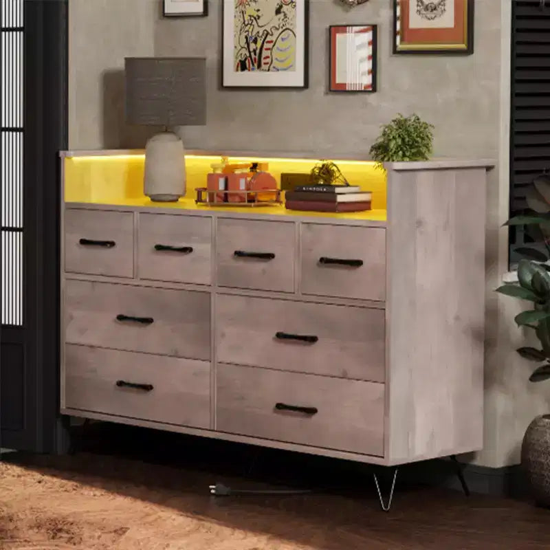 Commode de chambre avec lumière LED, station de charge, 8 tiroirs, espace ouvert, commode moderne et large pour salon, entrée, couloir