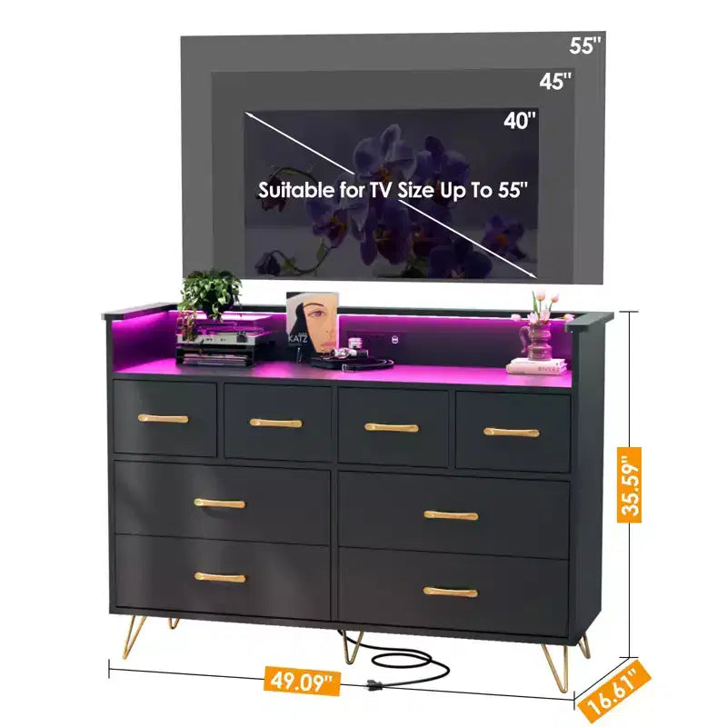 Commode de chambre avec lumière LED, station de charge, 8 tiroirs, espace ouvert, commode moderne et large pour salon, entrée, couloir