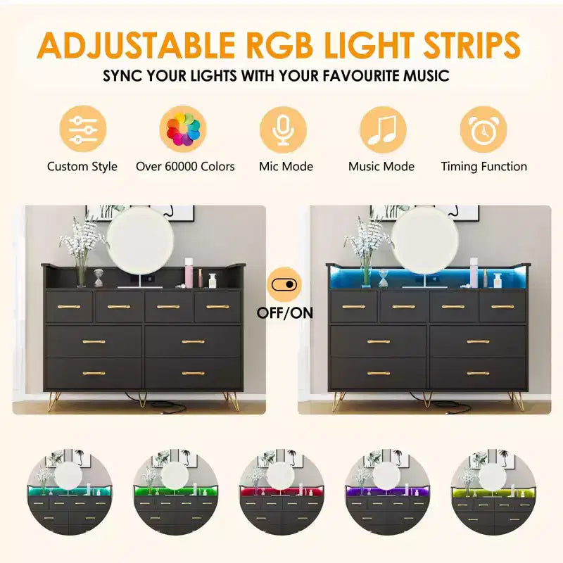 Commode de chambre avec lumière LED, station de charge, 8 tiroirs, espace ouvert, commode moderne et large pour salon, entrée, couloir