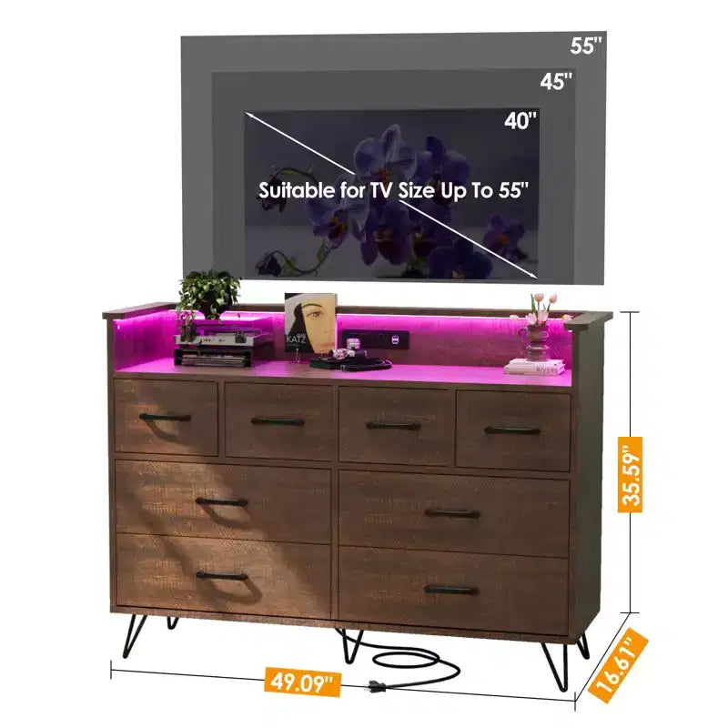 Commode de chambre avec lumière LED, station de charge, 8 tiroirs, espace ouvert, commode moderne et large pour salon, entrée, couloir
