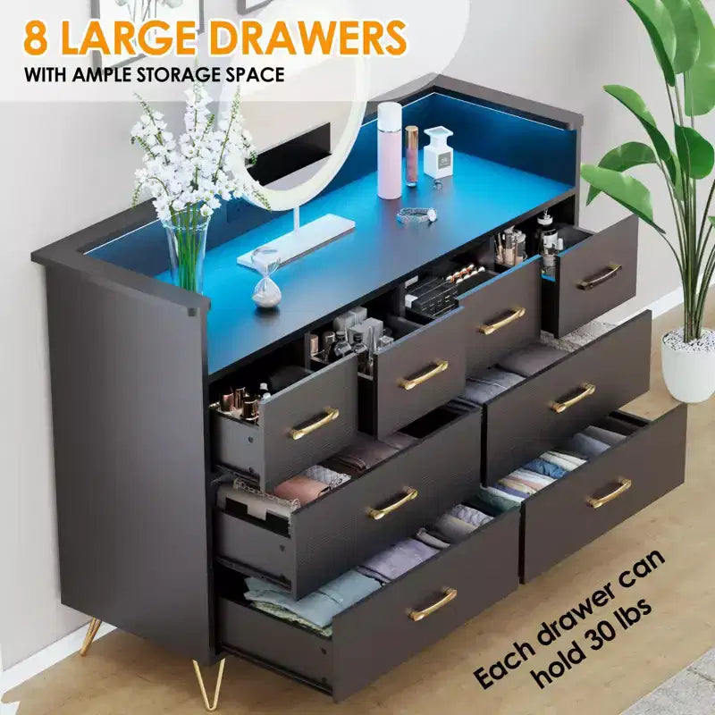 Commode de chambre avec lumière LED, station de charge, 8 tiroirs, espace ouvert, commode moderne et large pour salon, entrée, couloir