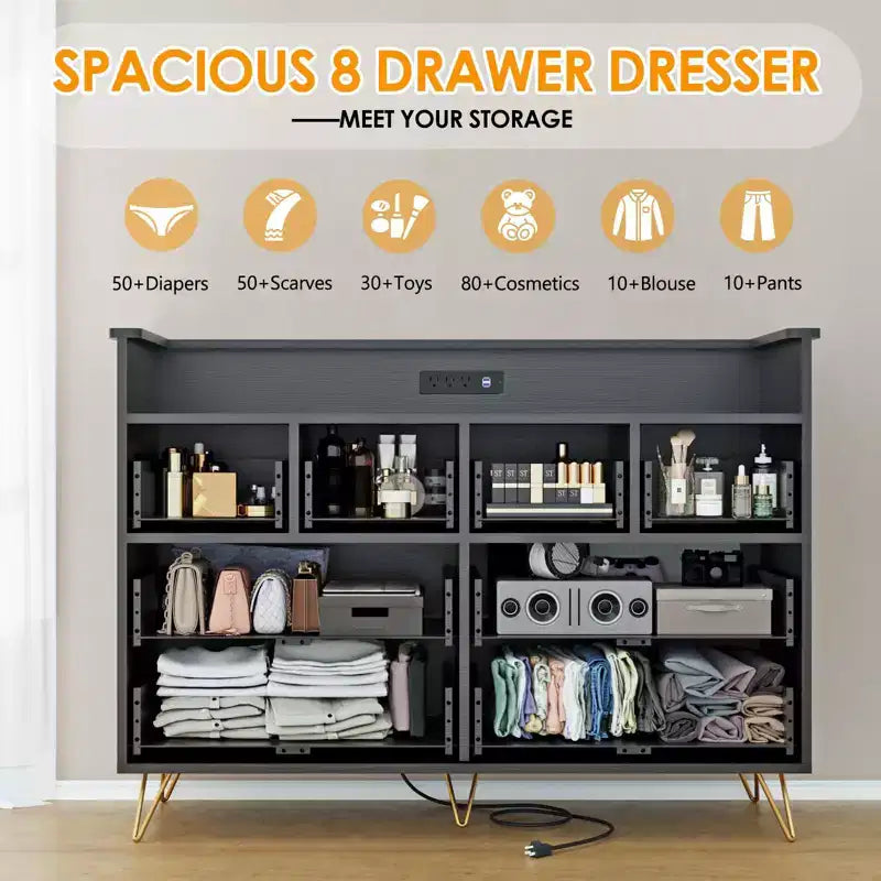 Commode de chambre avec lumière LED, station de charge, 8 tiroirs, espace ouvert, commode moderne et large pour salon, entrée, couloir