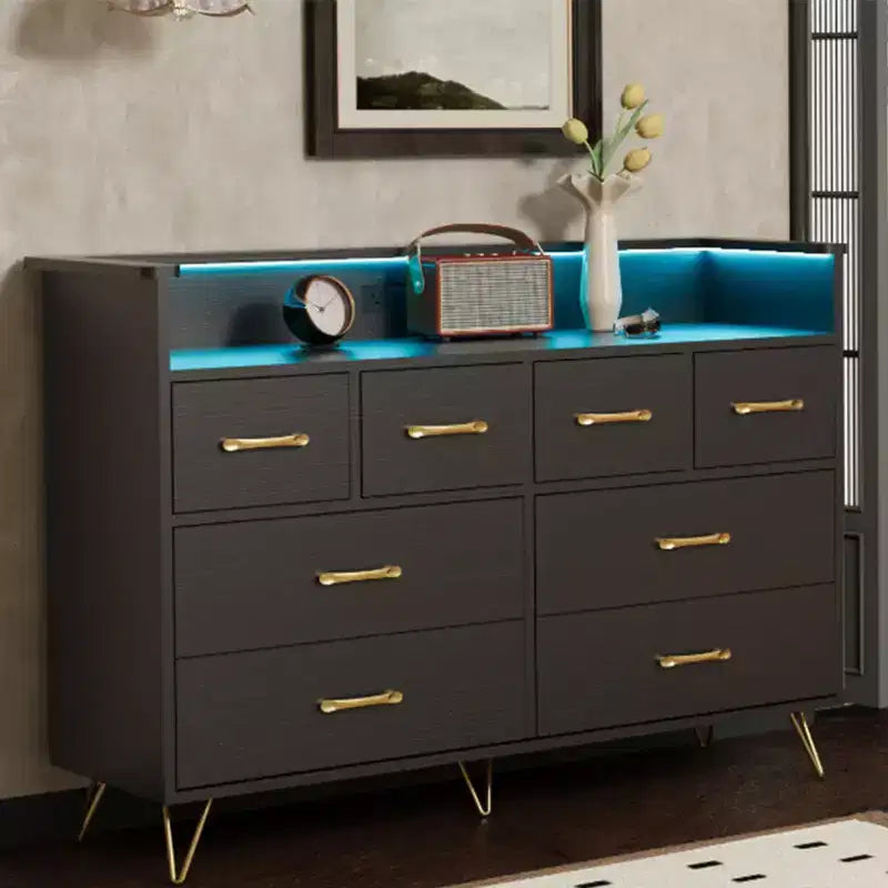 Commode de chambre avec lumière LED, station de charge, 8 tiroirs, espace ouvert, commode moderne et large pour salon, entrée, couloir