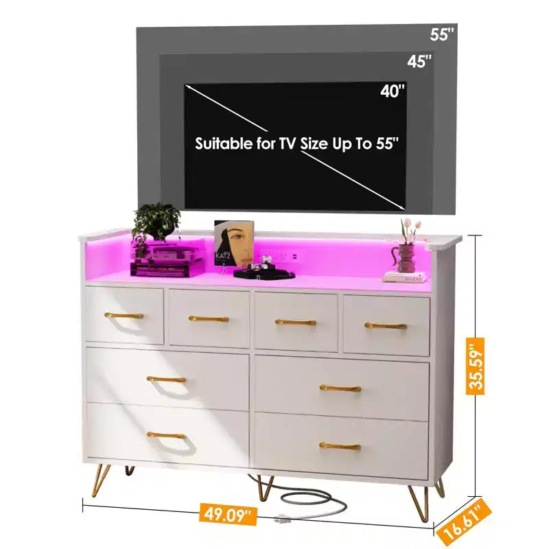 Commode de chambre avec lumière LED, station de charge, 8 tiroirs, espace ouvert, commode moderne et large pour salon, entrée, couloir