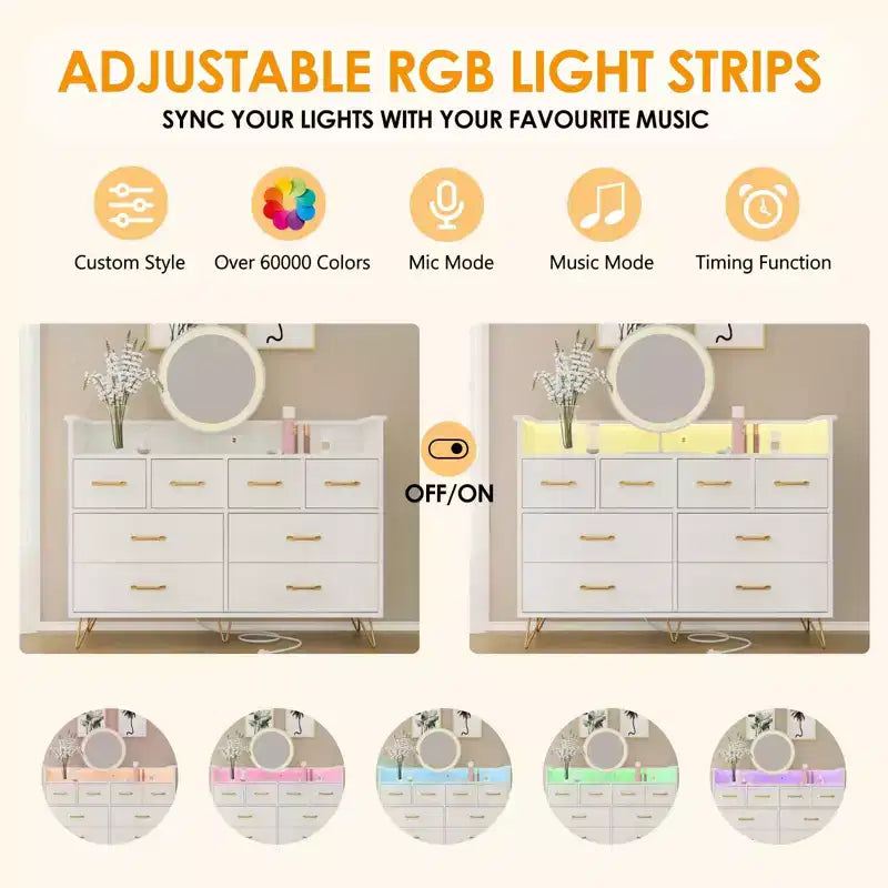 Commode de chambre avec lumière LED, station de charge, 8 tiroirs, espace ouvert, commode moderne et large pour salon, entrée, couloir