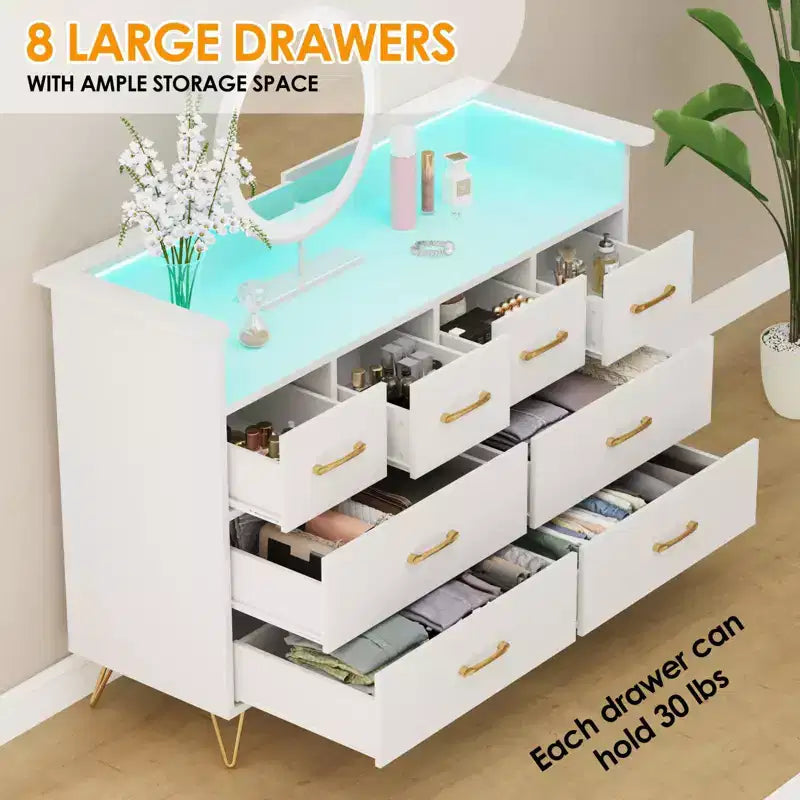 Commode de chambre avec lumière LED, station de charge, 8 tiroirs, espace ouvert, commode moderne et large pour salon, entrée, couloir