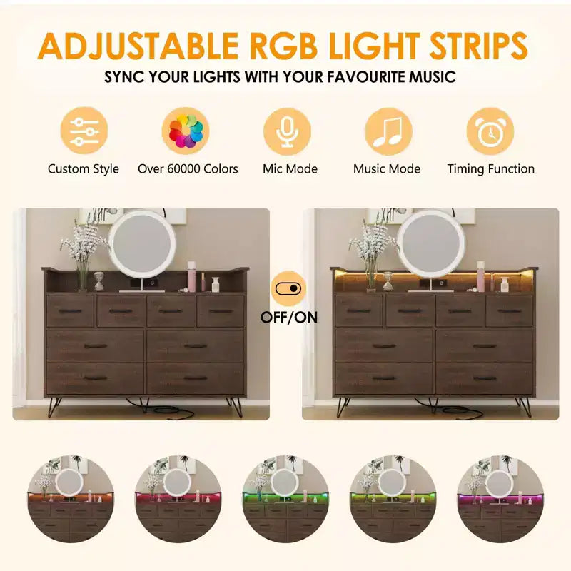 Commode de chambre avec lumière LED, station de charge, 8 tiroirs, espace ouvert, commode moderne et large pour salon, entrée, couloir