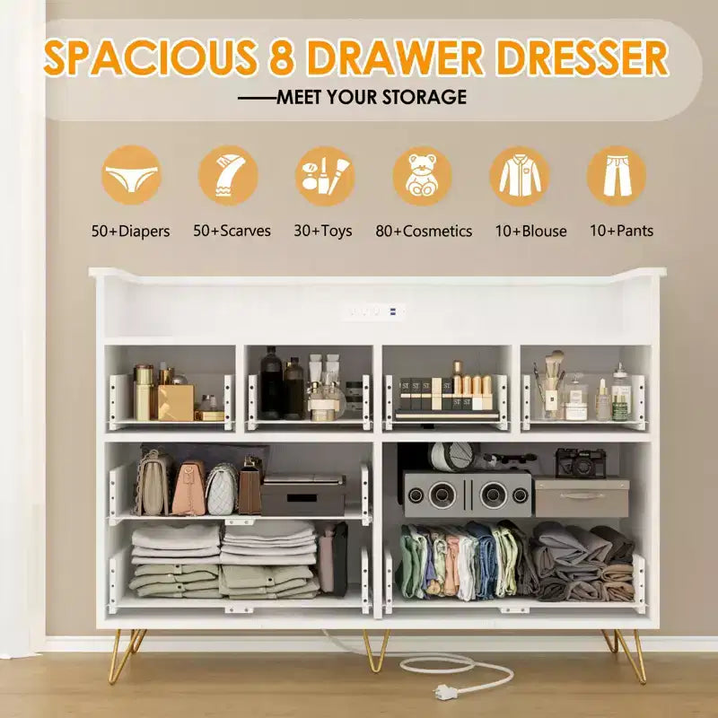 Commode de chambre avec lumière LED, station de charge, 8 tiroirs, espace ouvert, commode moderne et large pour salon, entrée, couloir