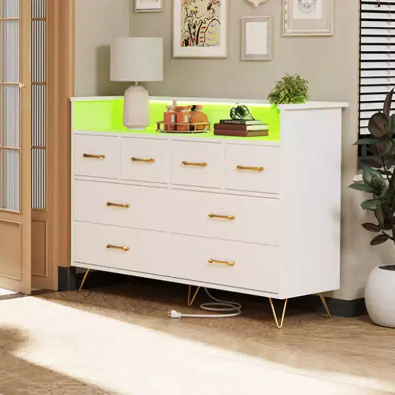 Commode de chambre avec lumière LED, station de charge, 8 tiroirs, espace ouvert, commode moderne et large pour salon, entrée, couloir