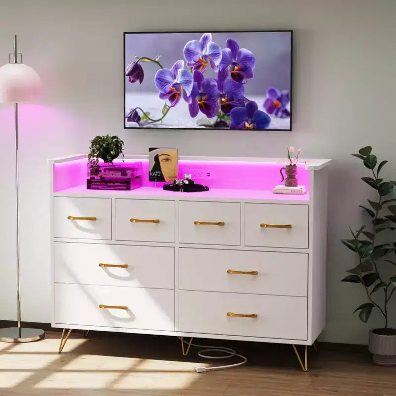 Commode de chambre avec lumière LED, station de charge, 8 tiroirs, espace ouvert, commode moderne et large pour salon, entrée, couloir