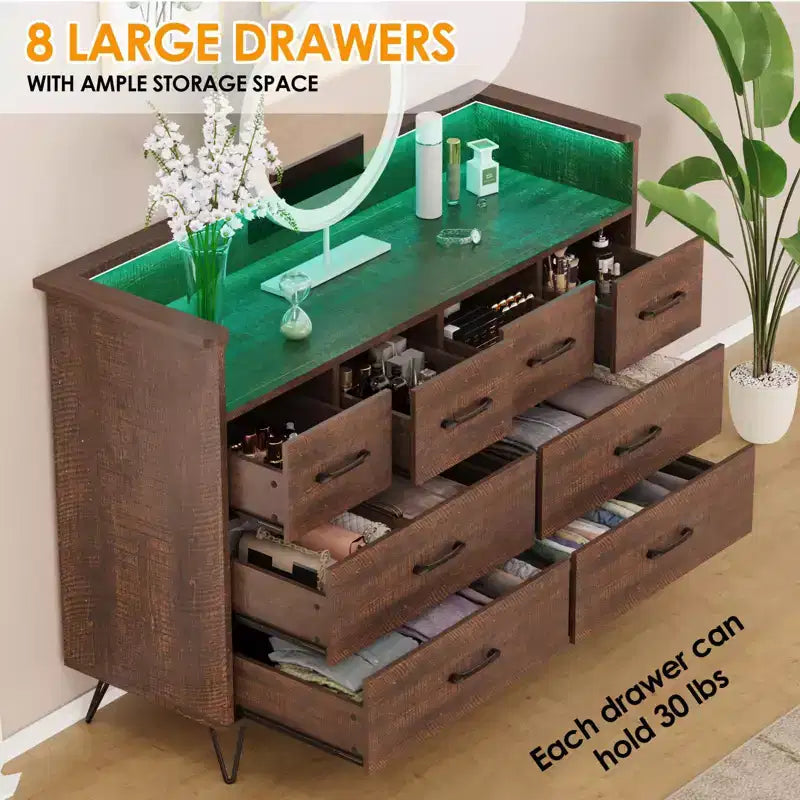 Commode de chambre avec lumière LED, station de charge, 8 tiroirs, espace ouvert, commode moderne et large pour salon, entrée, couloir