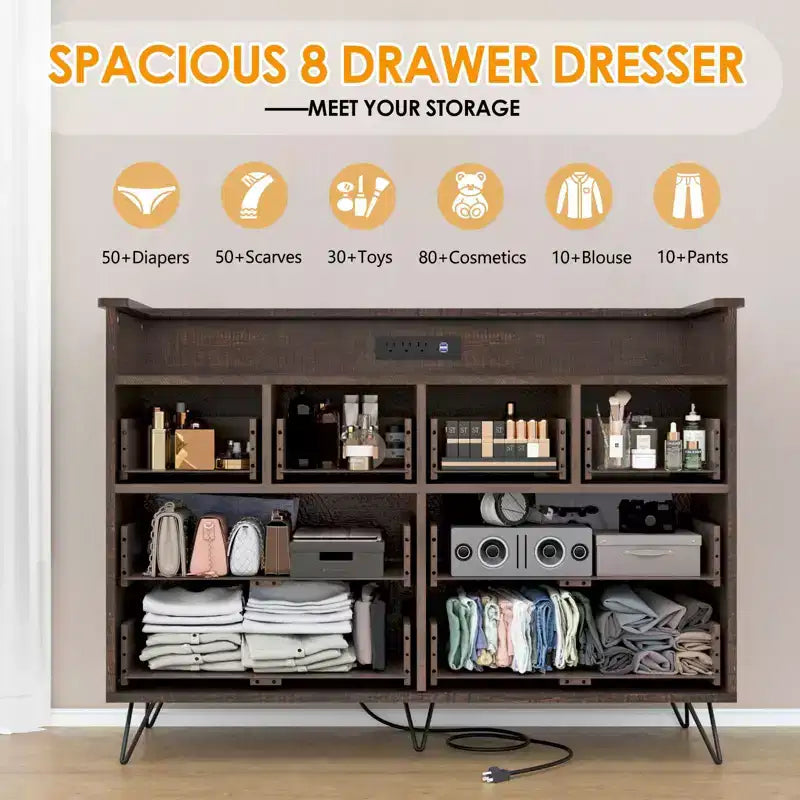 Commode de chambre avec lumière LED, station de charge, 8 tiroirs, espace ouvert, commode moderne et large pour salon, entrée, couloir