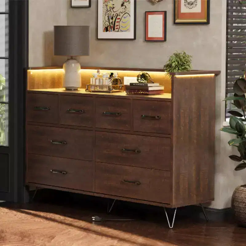 Commode de chambre avec lumière LED, station de charge, 8 tiroirs, espace ouvert, commode moderne et large pour salon, entrée, couloir