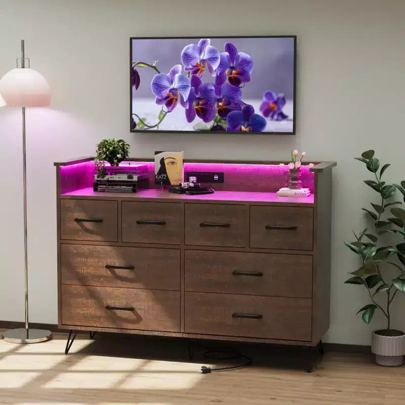 Commode de chambre avec lumière LED, station de charge, 8 tiroirs, espace ouvert, commode moderne et large pour salon, entrée, couloir
