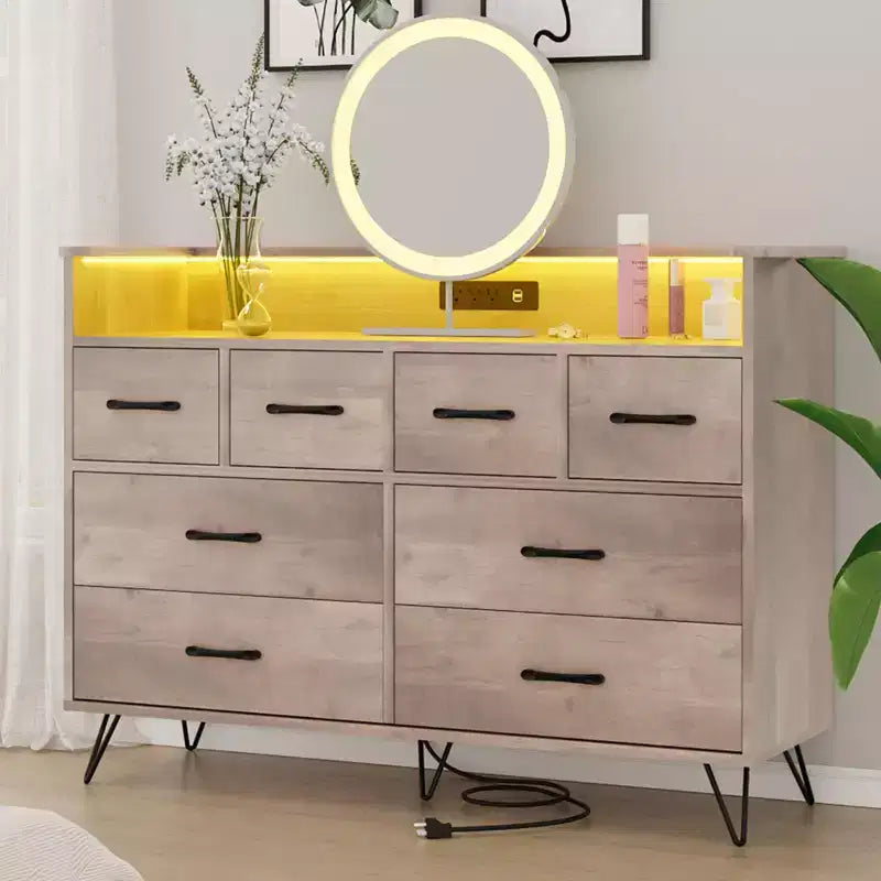 Commode de chambre avec lumière LED, station de charge, 8 tiroirs, espace ouvert, commode moderne et large pour salon, entrée, couloir