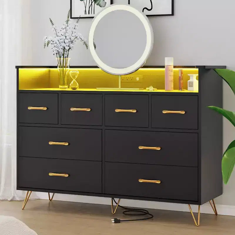 Commode de chambre avec lumière LED, station de charge, 8 tiroirs, espace ouvert, commode moderne et large pour salon, entrée, couloir