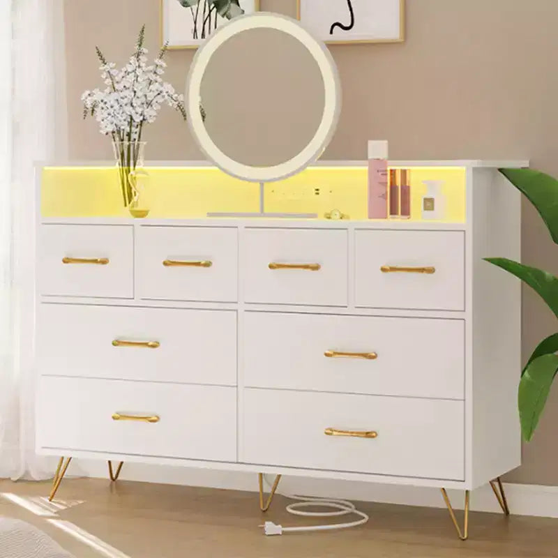 Commode de chambre avec lumière LED, station de charge, 8 tiroirs, espace ouvert, commode moderne et large pour salon, entrée, couloir