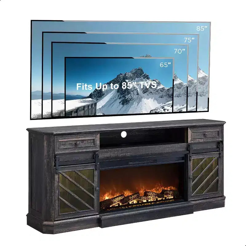 SinCiDo 75 Meuble TV avec cheminée, centre de divertissement avec cheminée, télécommande, 7 types de flammes 3D et lumières LED, 2 tiroirs, porte coulissante de grange