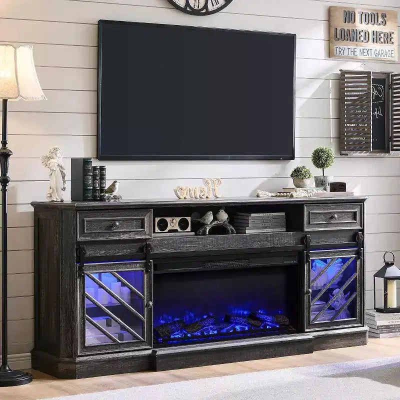 SinCiDo 75 Meuble TV avec cheminée, centre de divertissement avec cheminée, télécommande, 7 types de flammes 3D et lumières LED, 2 tiroirs, porte coulissante de grange