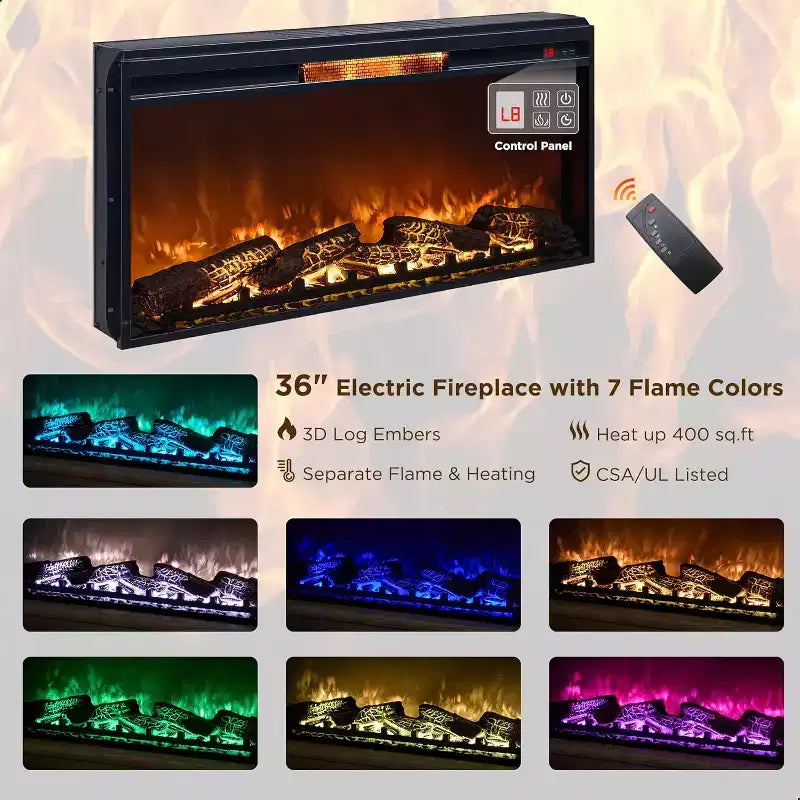 SinCiDo 75 Meuble TV avec cheminée, centre de divertissement avec cheminée, télécommande, 7 types de flammes 3D et lumières LED, 2 tiroirs, porte coulissante de grange