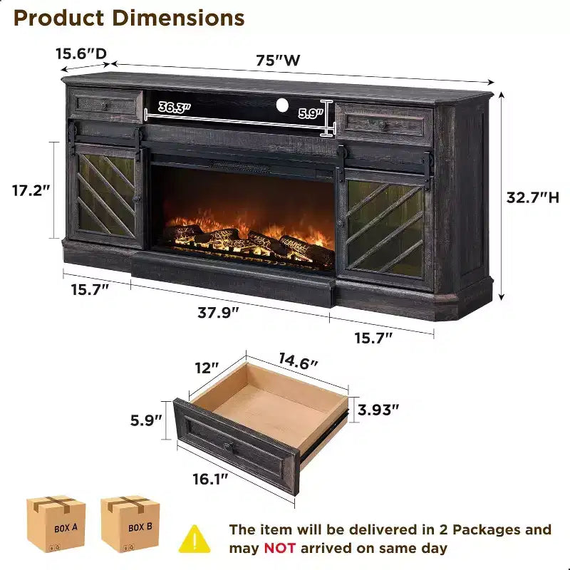SinCiDo 75 Meuble TV avec cheminée, centre de divertissement avec cheminée, télécommande, 7 types de flammes 3D et lumières LED, 2 tiroirs, porte coulissante de grange