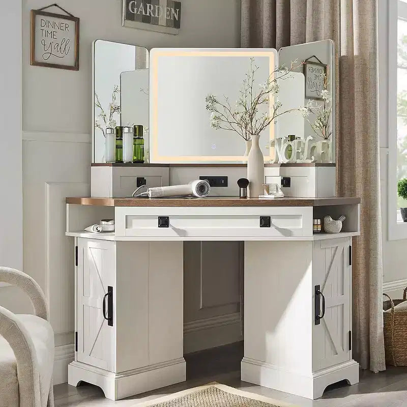 SinCiDo 48 Farmhouse Corner Vanity Desk, w/ 3 Way Mirror & Lights, Charging Station, Glass Tabletop, 3 Drawers and 2 Lockers, Bedroom Dressing Table