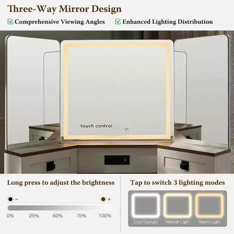 SinCiDo 48" Coiffeuse d'angle de style rustique, avec miroir à 3 volets et lumières, station de charge, plateau en verre, 3 tiroirs et 2 casiers, table de chevet de chambre