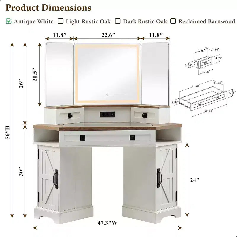 SinCiDo 48" Coiffeuse d'angle de style rustique, avec miroir à 3 volets et lumières, station de charge, plateau en verre, 3 tiroirs et 2 casiers, table de chevet de chambre