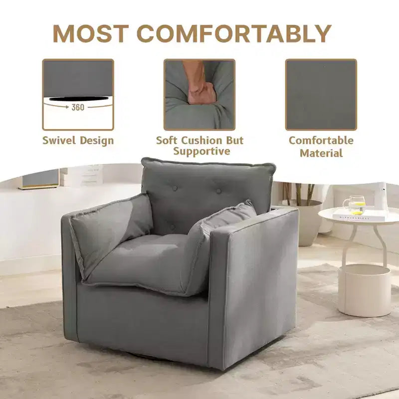 Fauteuil pivotant à 360° avec coussin épais et rembourré, fauteuil de lecture moderne et rembourré, tissu de lin confortable de style classique, pour le salon et la chambre à coucher