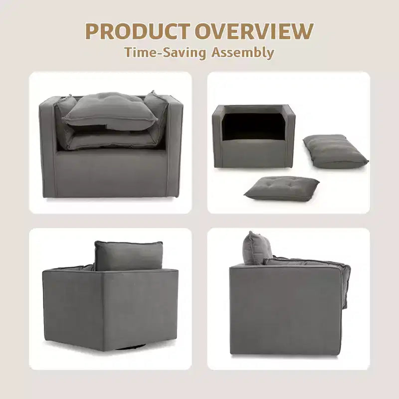 Fauteuil pivotant à 360° avec coussin épais et rembourré, fauteuil de lecture moderne et rembourré, tissu de lin confortable de style classique, pour le salon et la chambre à coucher