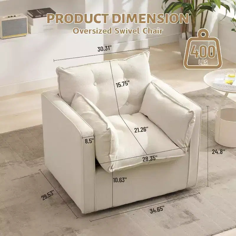 Fauteuil pivotant à 360° avec coussin épais et rembourré, fauteuil de lecture moderne et rembourré, tissu de lin confortable de style classique, pour le salon et la chambre à coucher