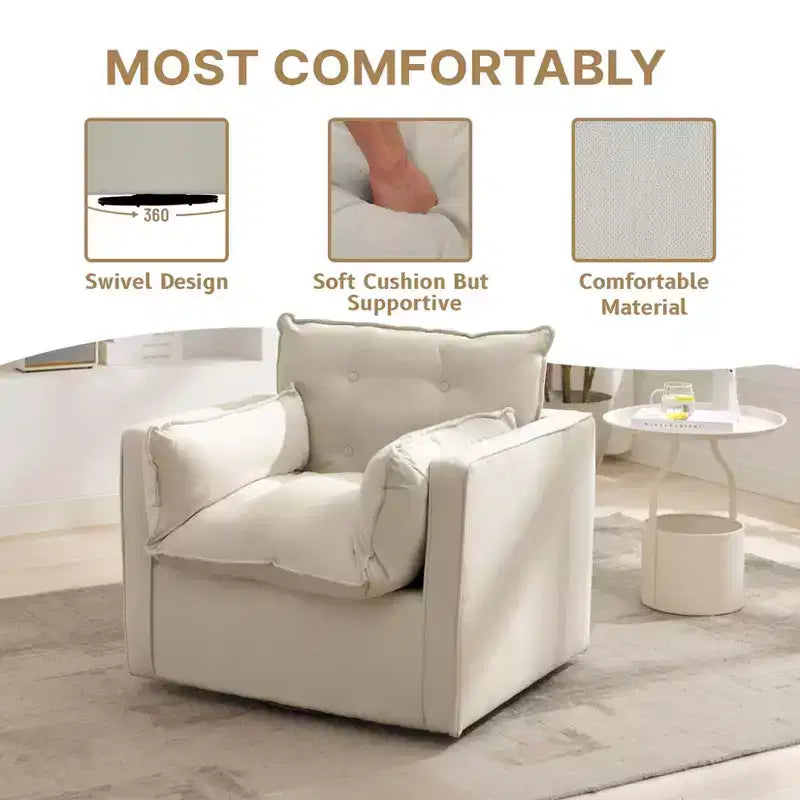 Fauteuil pivotant à 360° avec coussin épais et rembourré, fauteuil de lecture moderne et rembourré, tissu de lin confortable de style classique, pour le salon et la chambre à coucher