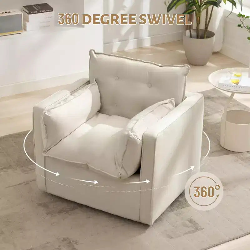 Fauteuil pivotant à 360° avec coussin épais et rembourré, fauteuil de lecture moderne et rembourré, tissu de lin confortable de style classique, pour le salon et la chambre à coucher