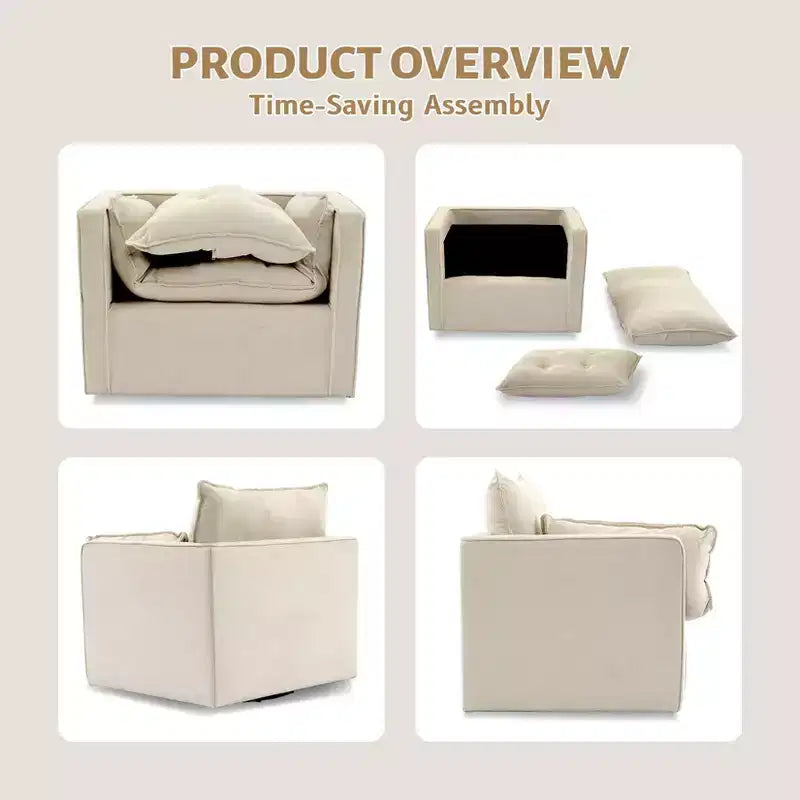Fauteuil pivotant à 360° avec coussin épais et rembourré, fauteuil de lecture moderne et rembourré, tissu de lin confortable de style classique, pour le salon et la chambre à coucher